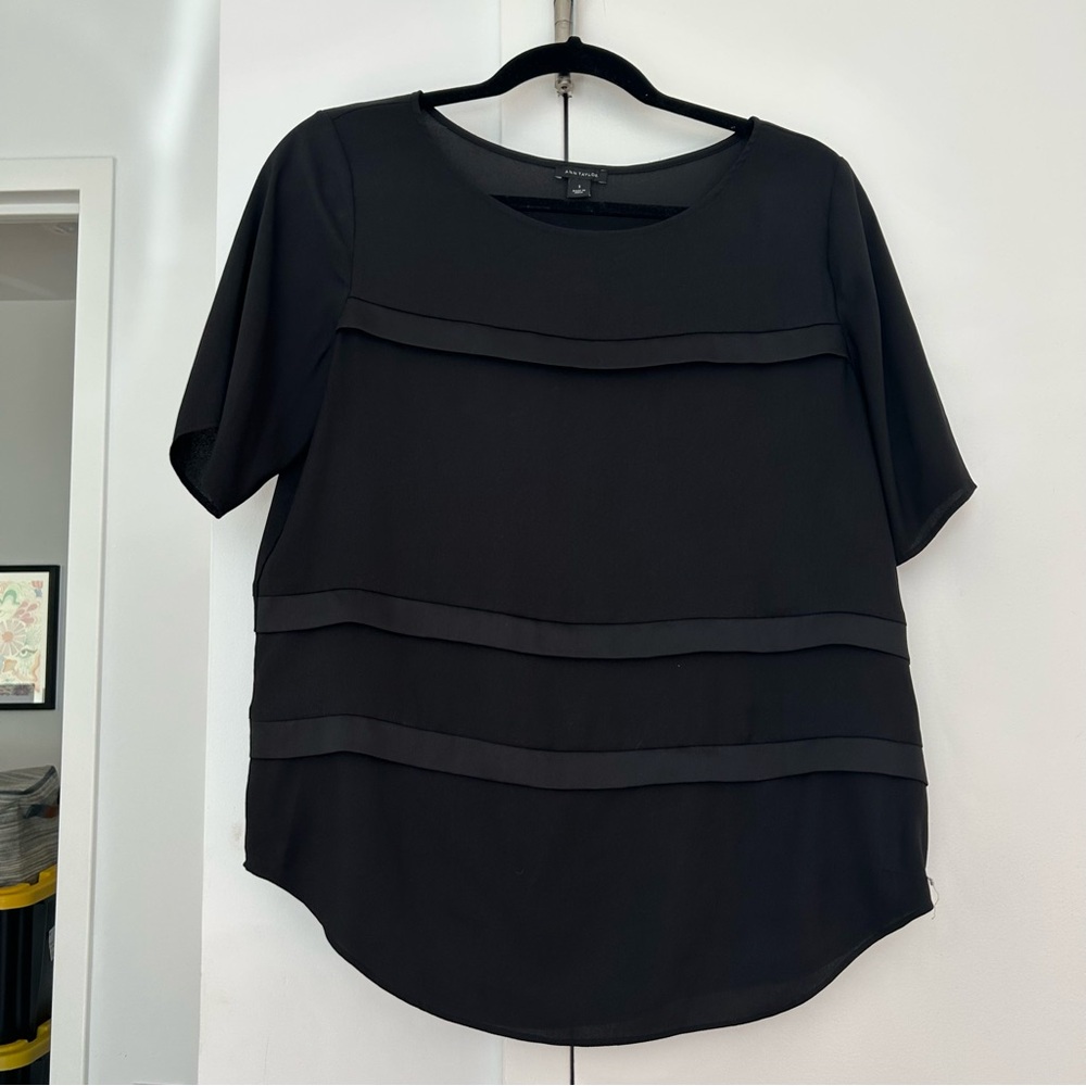 Ann Taylor black short sleeve blouse with silk panels